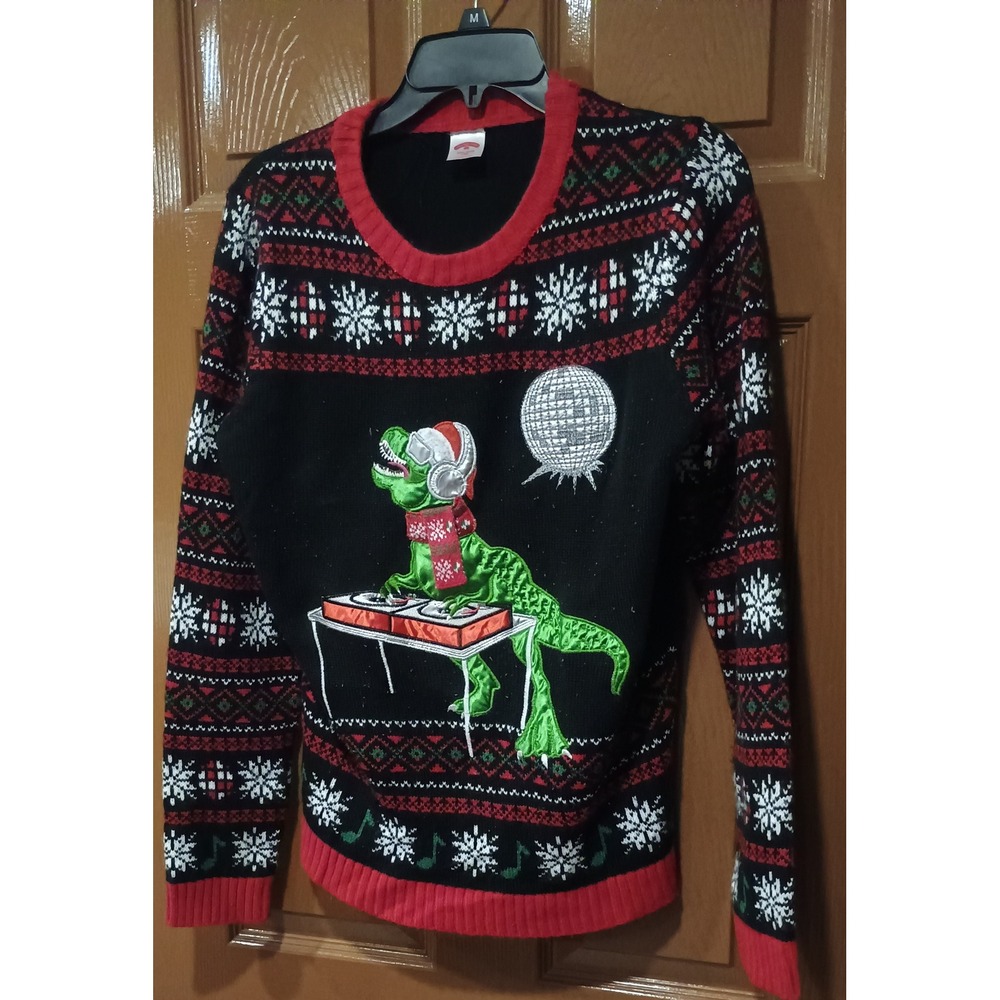 Holiday Time DJ T-Rex Sweater  XXL Black Ugly Christmas Dinosaur